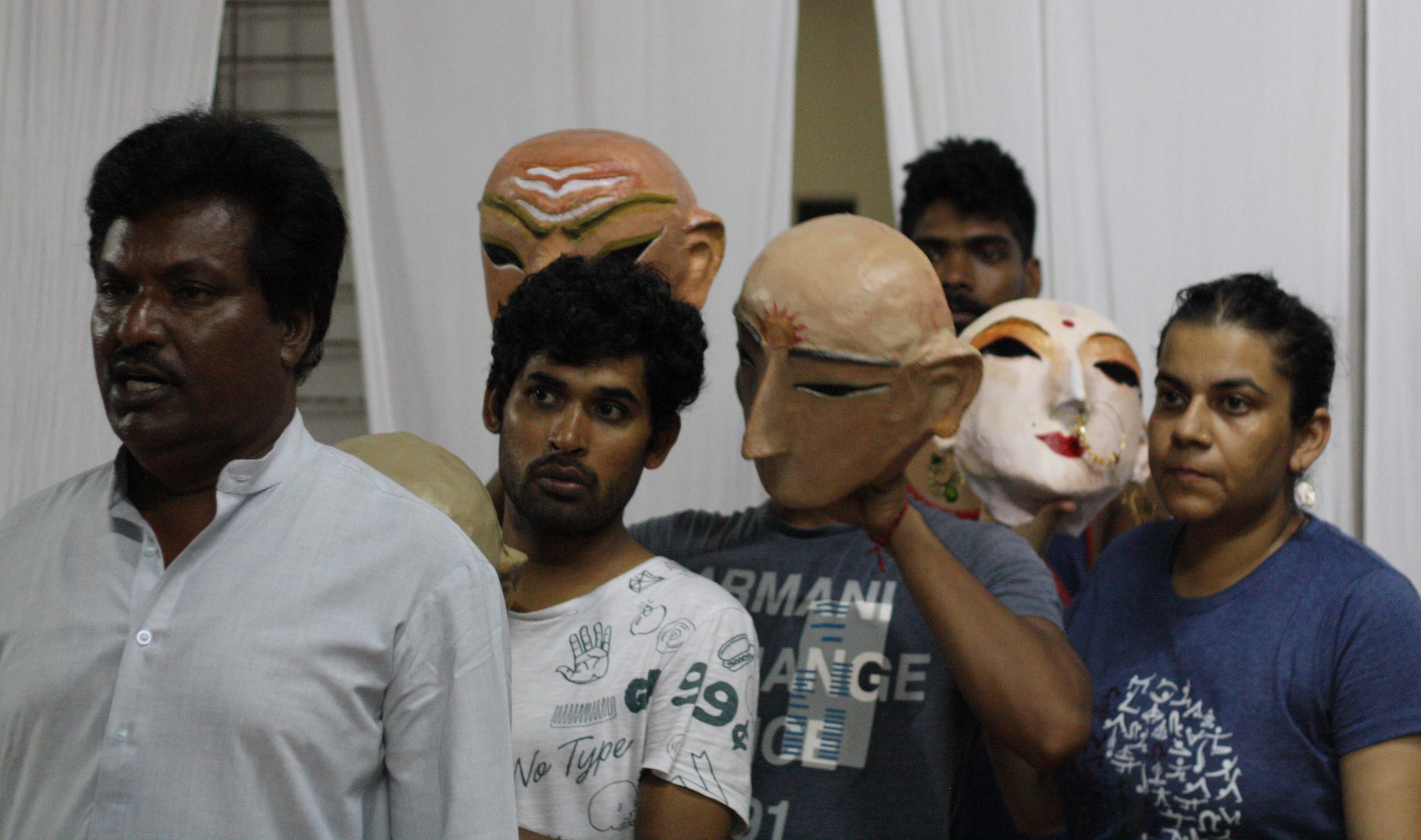 Gundu, Shameem, Avinash, Vivek, and Anurupa improvising a potential ending for the show. This scene was changed almost immediately after it was improvised and is likely to change even more after the previews in Bengaluru.